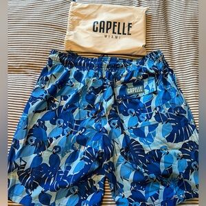 Men’s Swimming Trunks- Blue Flamingos